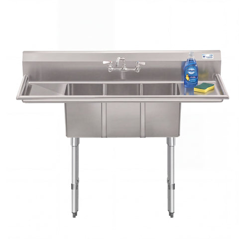 54 in. Three Compartment Stainless Steel Commercial Sink with Faucet and Drainboards, Bowl Size 10"x 10"x 14" SC101410-12B3FA .