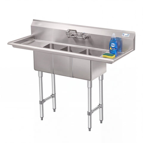 54 in. Three Compartment Stainless Steel Commercial Sink with Faucet and Drainboards, Bowl Size 10"x 10"x 14" SC101410-12B3FA .