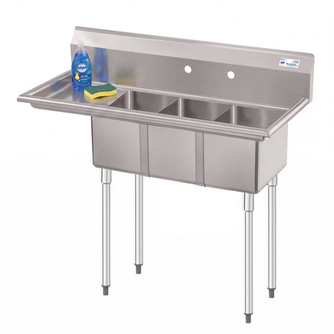 45 in. Three Compartment Stainless Steel Commercial Sink with Drainboard, Bowl Size 10"x 14"x 10"