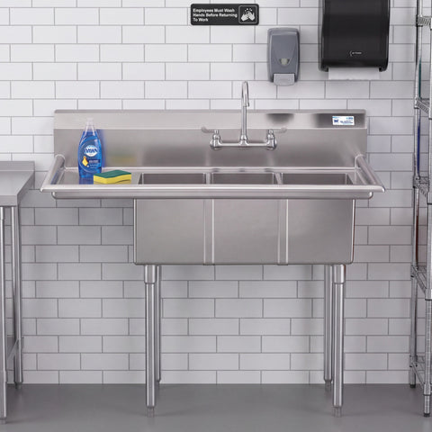 45 in. Three Compartment Stainless Steel Commercial Sink with Drainboard, Bowl Size 10"x 14"x 10"