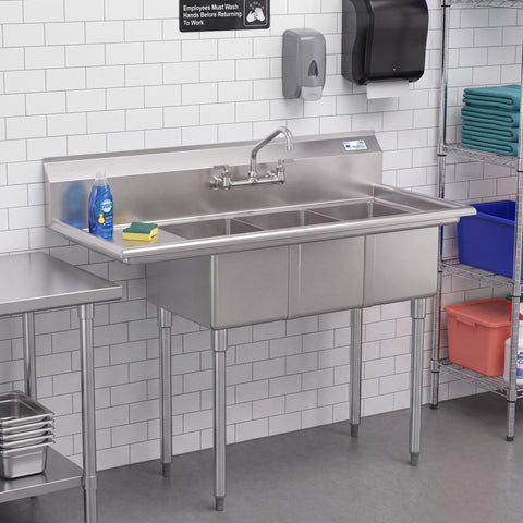 45 in. Three Compartment Stainless Steel Commercial Sink with Drainboard, Bowl Size 10"x 14"x 10"