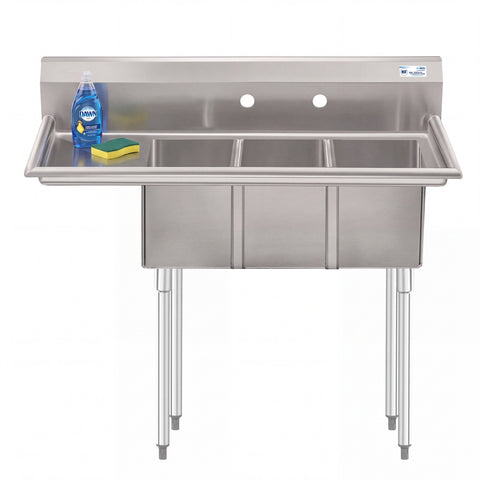 45 in. Three Compartment Stainless Steel Commercial Sink with Drainboard, Bowl Size 10"x 14"x 10"