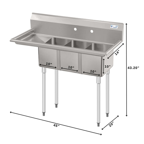 45 in. Three Compartment Stainless Steel Commercial Sink with Drainboard, Bowl Size 10"x 14"x 10"
