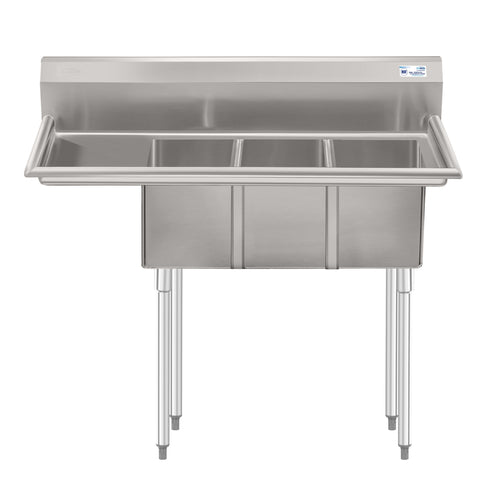 45 in. Three Compartment Stainless Steel Commercial Sink with Drainboard, Bowl Size 10"x 14"x 10"