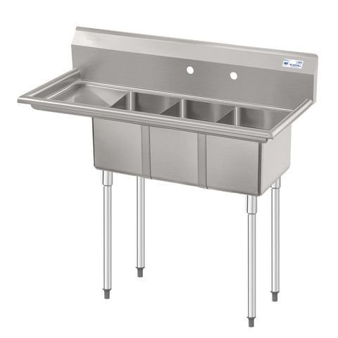 45 in. Three Compartment Stainless Steel Commercial Sink with Drainboard, Bowl Size 10"x 14"x 10"