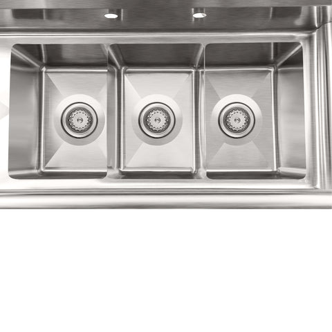 45 in. Three Compartment Stainless Steel Commercial Sink with Drainboard, Bowl Size 10"x 14"x 10"