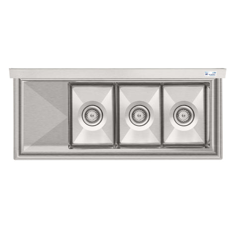 45 in. Three Compartment Stainless Steel Commercial Sink with Drainboard, Bowl Size 10"x 14"x 10"