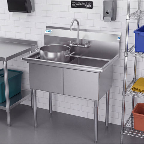 36 in. Two Compartment Stainless Steel Commercial Sink, Bowl Size 15"x 15"x 12"
