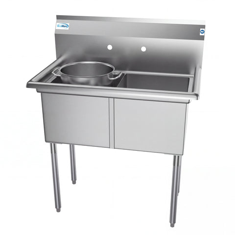 36 in. Two Compartment Stainless Steel Commercial Sink, Bowl Size 15"x 15"x 12"