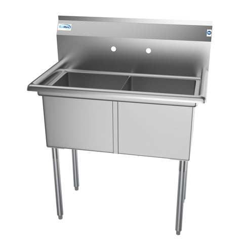 36 in. Two Compartment Stainless Steel Commercial Sink, Bowl Size 15"x 15"x 12"