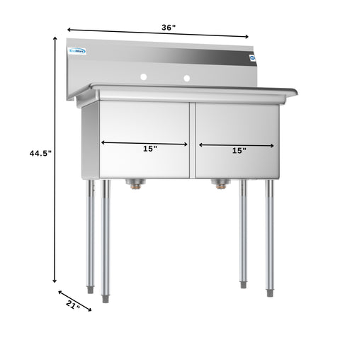 36 in. Two Compartment Stainless Steel Commercial Sink, Bowl Size 15"x 15"x 12"