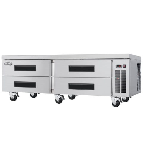 72 in. Commercial Chef Base Refrigerator Storage Cabinet for Cold Foods, Fresh Ingredients, and Condiments, Refrigerated Pull-Out Drawers, Rolling Caster Wheels, ETL Listed (KM-BR-724D)