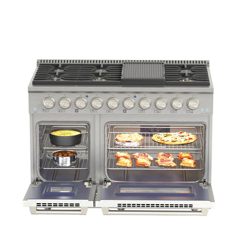 48 In. Dual Oven Natural Gas Range Stove with 8 Sealed Burners, Griddle, Grill, and Convection Oven, KM-FR48GL-SS.