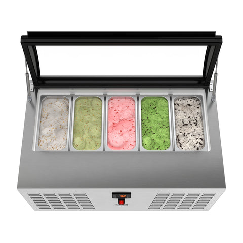 39 in. 5-Pan Countertop Ice Cream Display Freezer with Curved Glass Top in Stainless-Steel (KM-CGDR-5P)