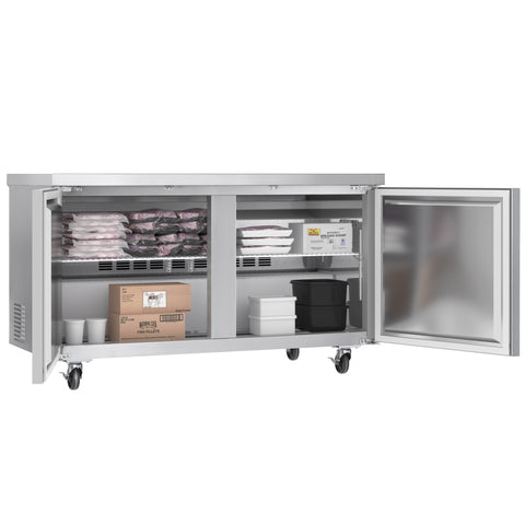 60 in. Two-Door Commercial Undercounter Freezer in Stainless Steel with Casters, ETL Listed (KM-UCF-15SS)