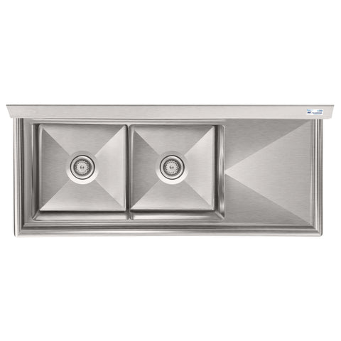 57 in. 16-Gauge 2-Compartment Commercial Sink with 18 in. Right drainboard, Bowl Dimensions 18"x18"x14" in Stainless-Steel (KM-SB181814-18R316)