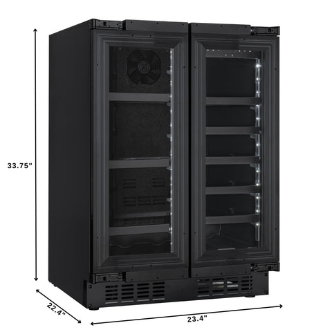 KoolMore Reserve 24 in. French Door Dual Zone Panel Ready Under-Counter Cooler with Black Shelves and 20 Bottle Capacity in the Right Zone and 2.1 Cu. Ft. on the Left in Black (KM-CWB24-BPR)