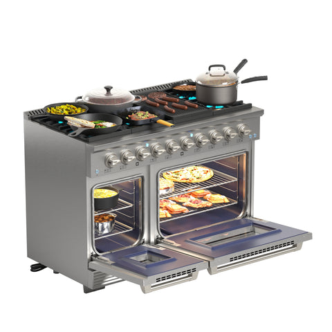 48 In. Dual Oven Natural Gas Range Stove with 8 Sealed Burners, Griddle, Grill, and Convection Oven, KM-FR48GL-SS.