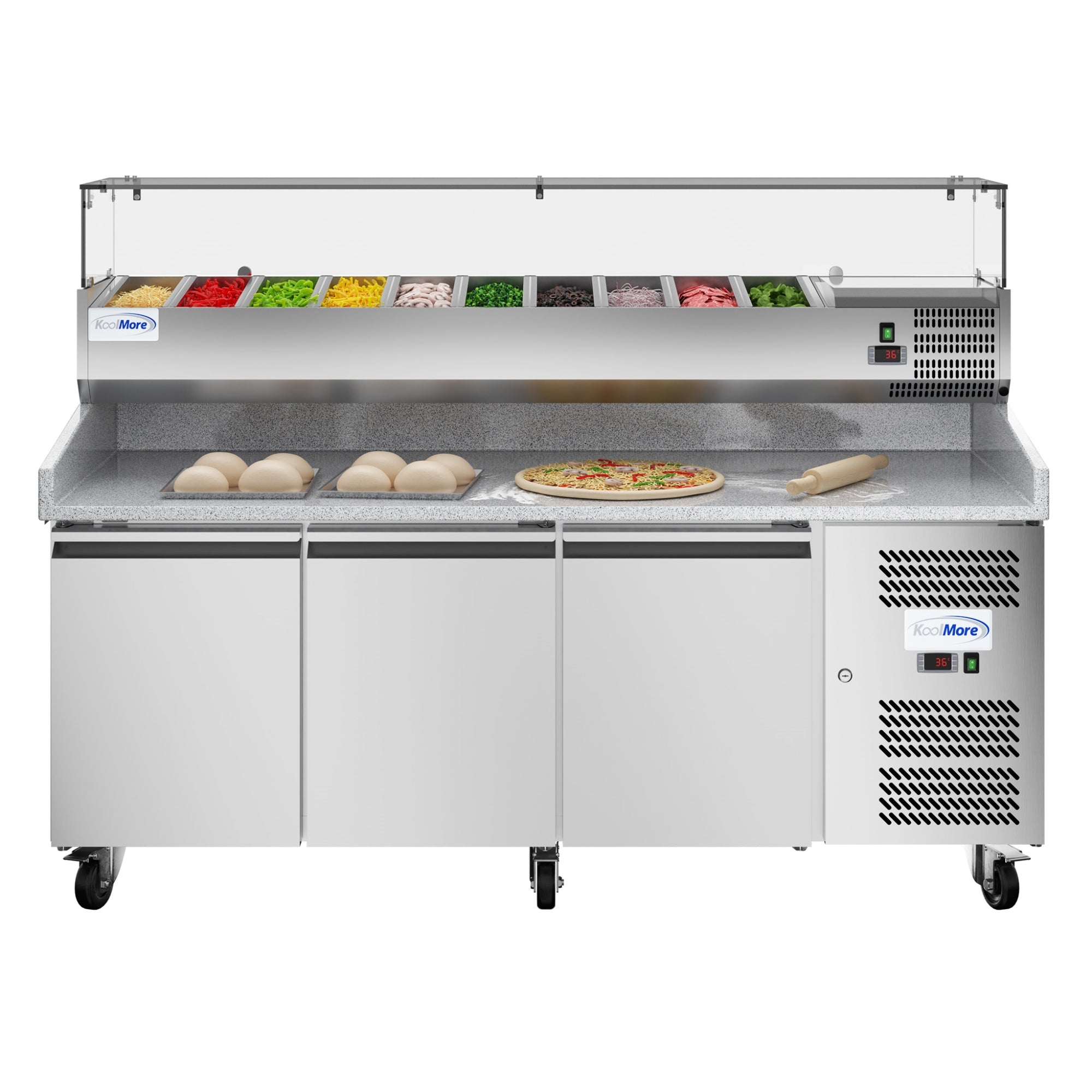 79 in. Three-Door Commercial Refrigerated Granite Top Pizza Prep Stati ...