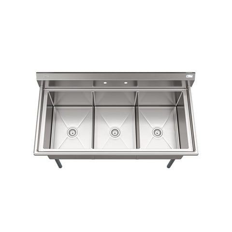 60 in. Three Compartment Commercial Sink, Bowl Size 18x24x14 in 18-Gauge Stainless-Steel (KM-SC182414-N3)