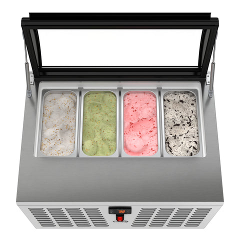 32 in. 4-Pan Countertop Ice Cream Display Freezer with Curved Glass Top in Stainless-Steel (KM-CGDR-4P)