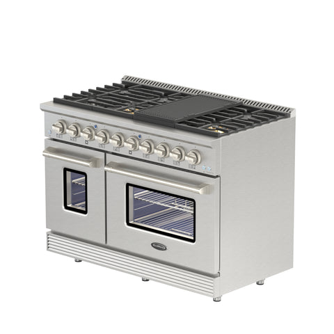 48 In. Dual Oven Natural Gas Range Stove with 8 Sealed Burners, Griddle, Grill, and Convection Oven, KM-FR48GL-SS.