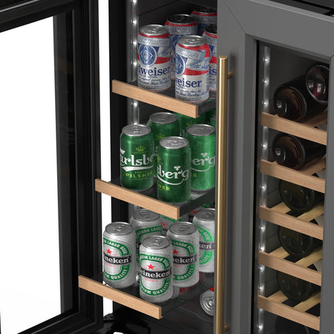 KoolMore Reserve 24 in. French Door Dual Zone Panel Ready Under-Counter Cooler with Wooden Shelves and 20 Bottle Capacity in the Right Zone and 2.1 Cu. Ft. on the Left in Black (KM-CWB24-WPR)