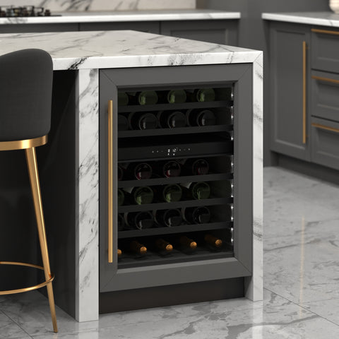 KoolMore Reserve 24 in. Under-Counter Panel Ready Dual Zone Built-in Wine Cooler with Black Shelves and 45 Bottle Capacity in Black (KM-CW46DZ-BPR)