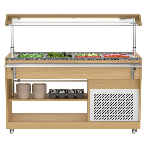 59 in. Commercial Refrigerated Buffet Table with Capacity for 4 Full-Size GN Pans, Featuring Adjustable Cover, a Serving Rail and 4 Lockable Casters in Wooden Finish (KM-RBT-54ACS)