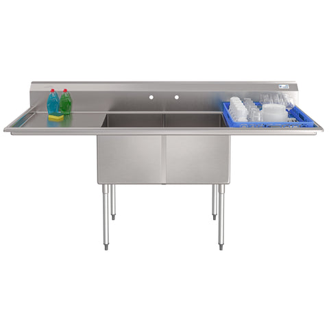 84 in. 18-Gauge 2-Compartment Commercial Sink with Backsplash and 24 in. Dual Drainboards, Bowl dimensions 18"x24"x14" in Stainless-Steel (KM-SB182414-24B3)