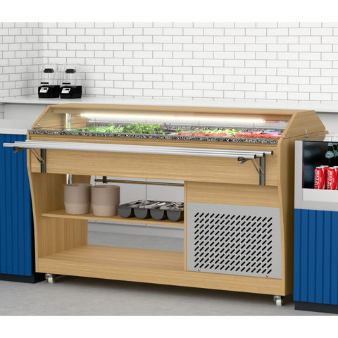 59 in. Commercial Refrigerated Buffet Table with Capacity for 4 Full-Size GN Pans, Featuring Adjustable Cover, a Serving Rail and 4 Lockable Casters in Wooden Finish (KM-RBT-54ACS)