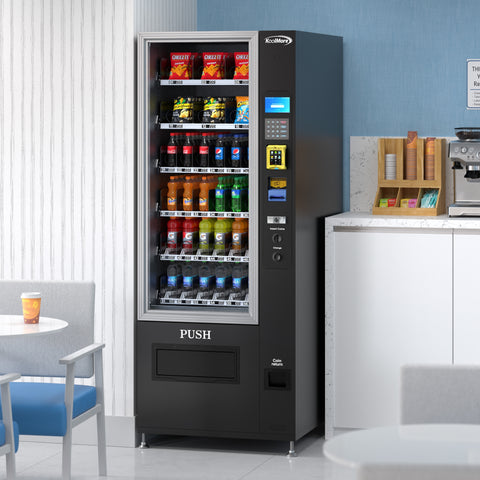 Refrigerated Snack Vending Machine with 36 Slots Featuring a Credit Card Reader and Coin/Bill Acceptor in Black (KM-VMR-30-BCR)
