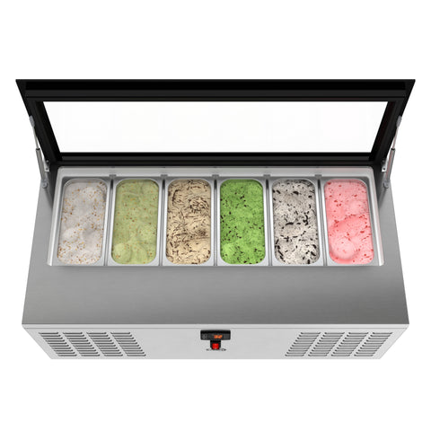 45 in. 6-Pan Countertop Ice Cream Display Freezer with Glass Top in Stainless-Steel (KM-CGD-6P45)