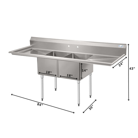 84 in. 18-Gauge 2-Compartment Commercial Sink with Backsplash and 24 in. Dual Drainboards, Bowl dimensions 18"x24"x14" in Stainless-Steel (KM-SB182414-24B3)