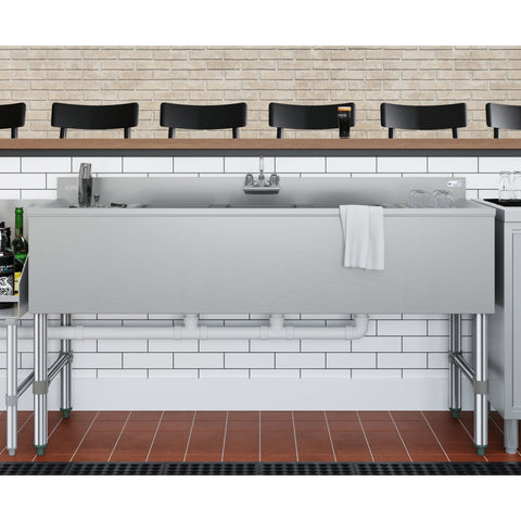 60 in. Three-Compartment Commercial Bar-Sink with 3 in. Backsplash, Dual Drainboards with Faucet, NSF Certified in Stainless-Steel (SBR3B60-LR-320)