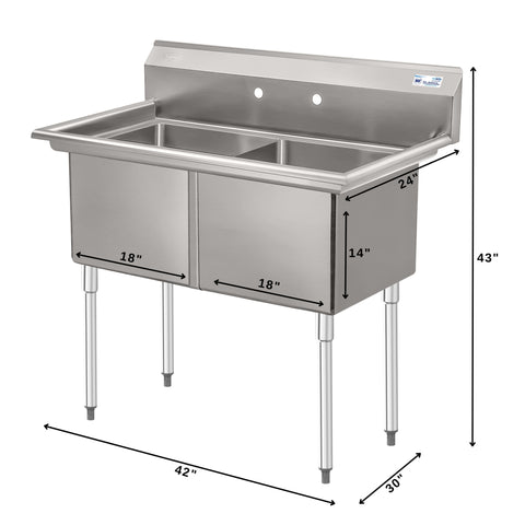 42 in. 18-Gauge 2-Compartment Commercial Sink with Backsplash, Bowl Dimensions 18"x18"x14" in Stainless-Steel (KM-SB181814-N3)
