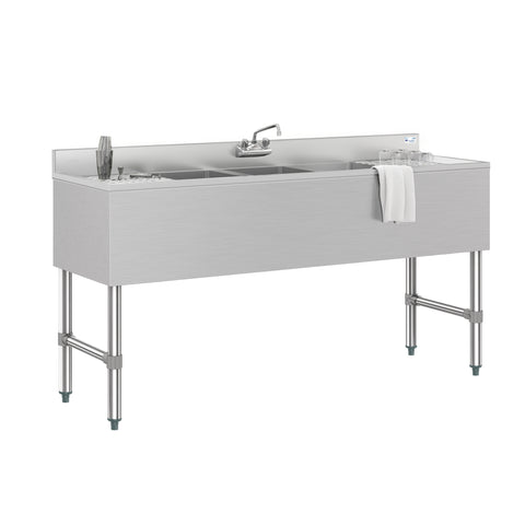 60 in. Three-Compartment Commercial Bar-Sink with 3 in. Backsplash, Dual Drainboards with Faucet, NSF Certified in Stainless-Steel (SBR3B60-LR-320)