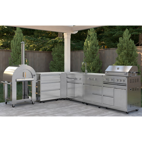 KoolMore Outdoor Kitchen Series Modular Kitchen with a Wood fire Pizza Oven, 3 Drawer Cabinet, Corner Cabinet, Sink, Side Buner, 30 in. BBQ Grill and Cabinet in Stainless-Steel (KM-OKSKIT-CONFIG110)