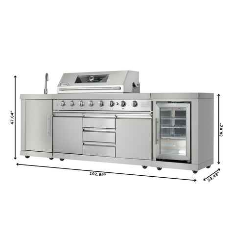 KoolMore Reserve Outdoor Kitchen Island with 6 Burner Grill and Side Burner, Sink, Storage Cabinet and Beverage Refrigerator in Stainless-Steel (KM-OKS-BQHUB)