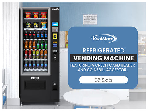 Refrigerated Snack Vending Machine with 36 Slots Featuring a Credit Card Reader and Coin/Bill Acceptor in Black (KM-VMR-30-BCR)