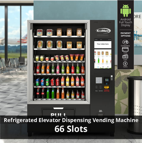 Snack Vending Machine with 21.5 Inch Touch Display, 66 Slots and Elevator-Lift Dispensing System,Refrigerated, Bill and Coin Acceptor, Credit Card Reader, Wifi and 4G Connectivity in Black (KM-VMRWT-66EBCR)