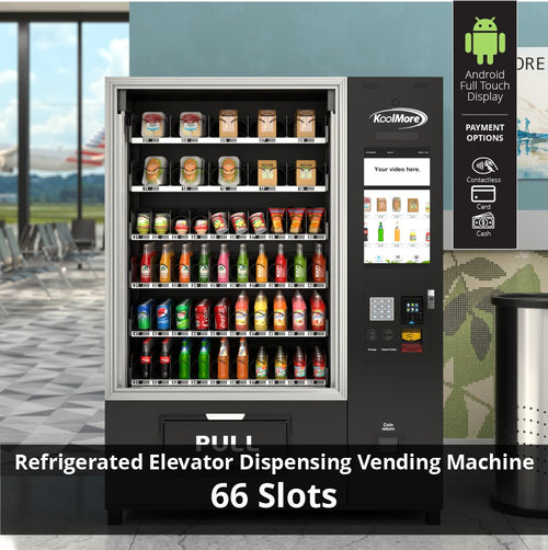 Snack Vending Machine with 21.5 Inch Touch Display, 66 Slots and Elevator-Lift Dispensing System, Refrigerated, Bill Acceptor and Credit Card Reader, Wifi and 4G Connectivity in Black (KM-VMRWT-66EBR)
