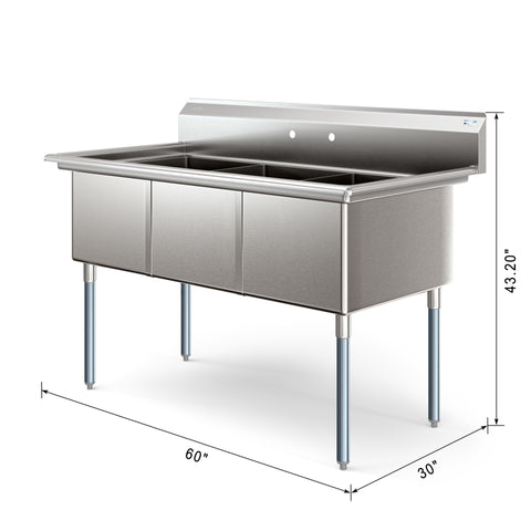 60 in. Three Compartment Commercial Sink, Bowl Size 18x24x14 in 18-Gauge Stainless-Steel (KM-SC182414-N3)