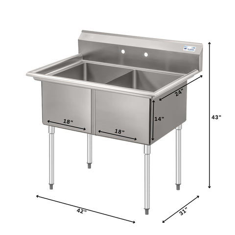 42 in. 18-Gauge 2-Compartment Commercial Sink with Backsplash, Bowl dimensions 18"x24"x14" in Stainless-Steel (KM-SB182414-N3)