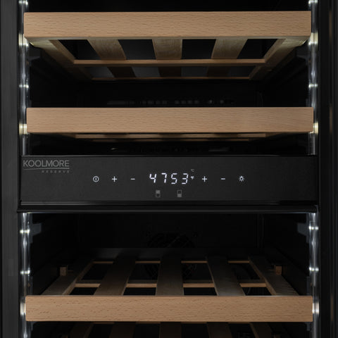 KoolMore Reserve 15 in. Under-Counter Panel Ready Dual Zone Built-in Wine Cooler with 23 Bottle Capacity and Wooden Shelves in Black (KM-CW28DZ-WPR)