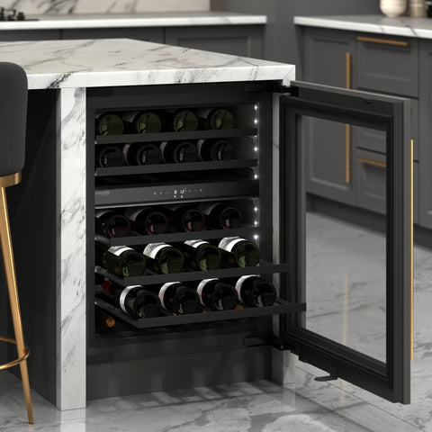 KoolMore Reserve 24 in. Under-Counter Panel Ready Dual Zone Built-in Wine Cooler with Black Shelves and 45 Bottle Capacity in Black (KM-CW46DZ-BPR)