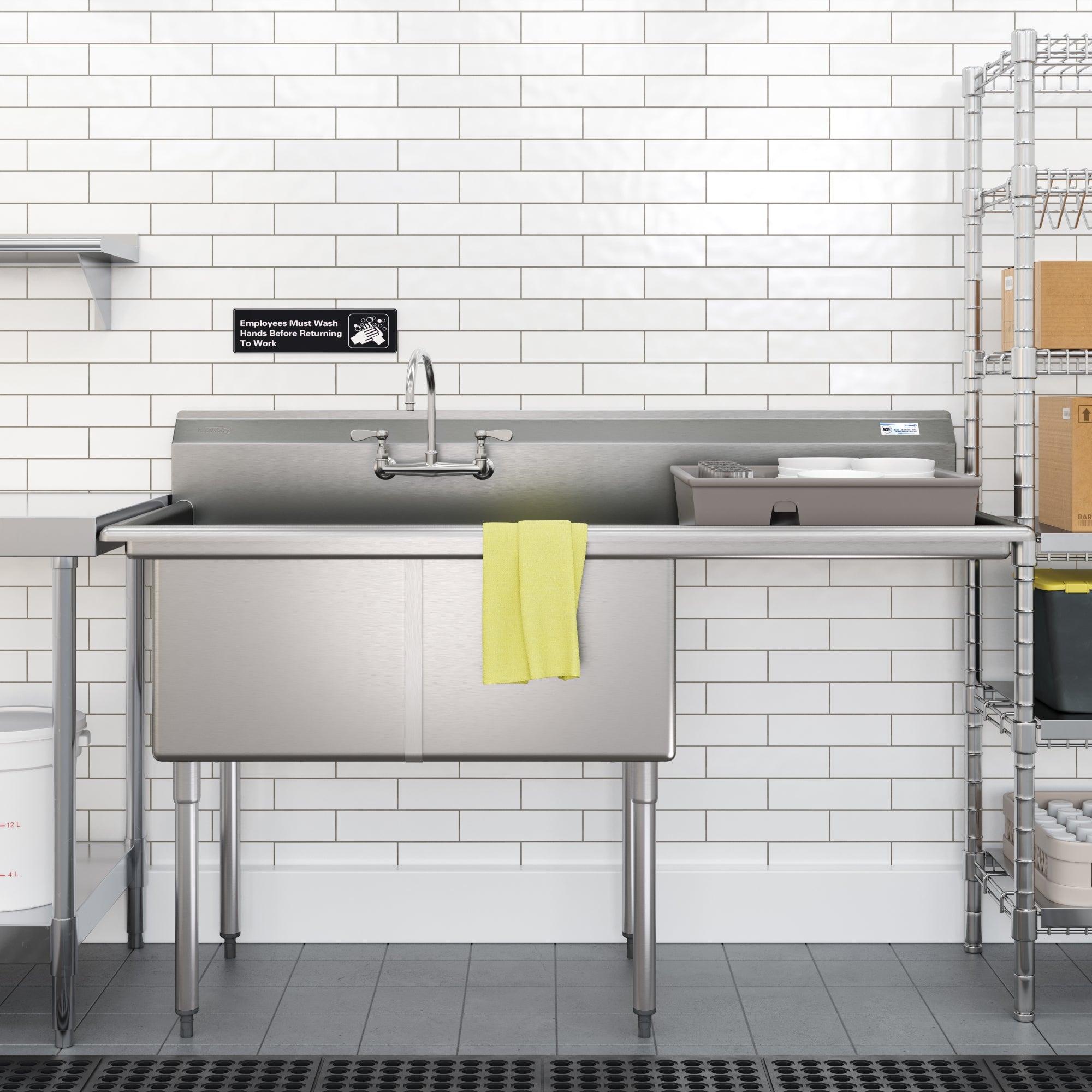 commercial sink- koolmore km-sb182414-24r3 63 inch commercial sink two compartment 18 gauge seamless stainless steel with drainboard, sink only legs sold separately, width 63" depth 30"