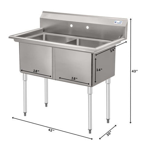 42 in. 16-Gauge 2-Compartment Commercial Sink with Backsplash, Bowl Dimensions 18"x18"x14" in Stainless-Steel (KM-SB181814-N316)