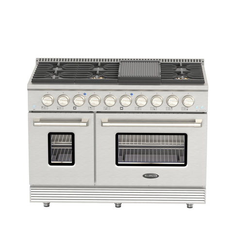 48 In. Dual Oven Natural Gas Range Stove with 8 Sealed Burners, Griddle, Grill, and Convection Oven, KM-FR48GL-SS.