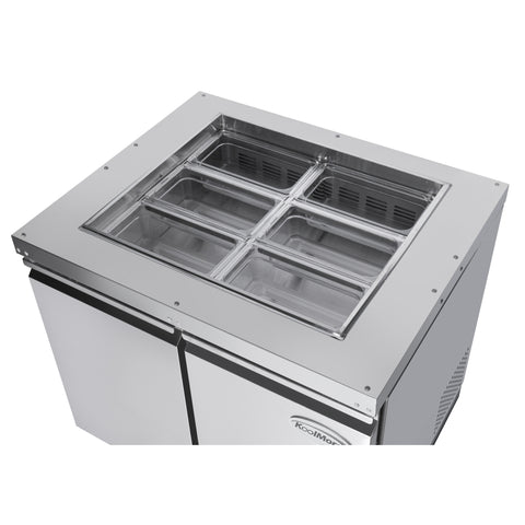 36 in. Commercial Refrigerated Prep Station Cold Table, Stainless-Steel Refrigerator with 6 Pan Storage with Cover and Two Adjustable Shelves (KM-RBT-36C)